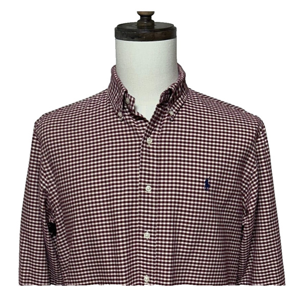 Ralph Lauren Shirt Mens Large Red White Gingham Plaid Custom Fit Long Sleeve - Picture 1 of 10
